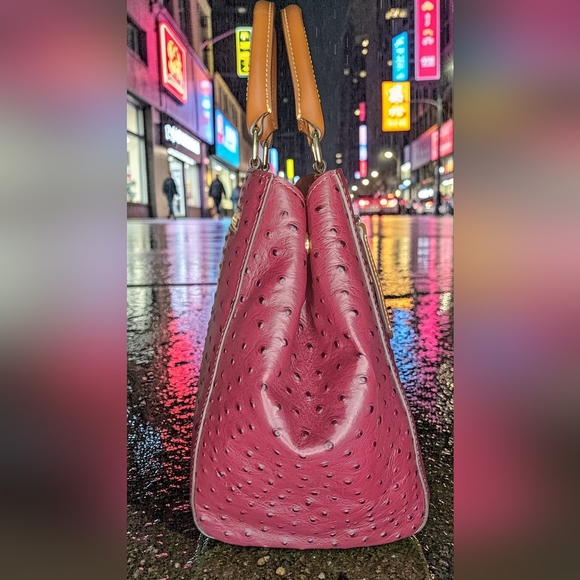 Dooney & Bourke Burgundy Ostrich Zip Satchel With Tan Handles - Picture 6 of 16